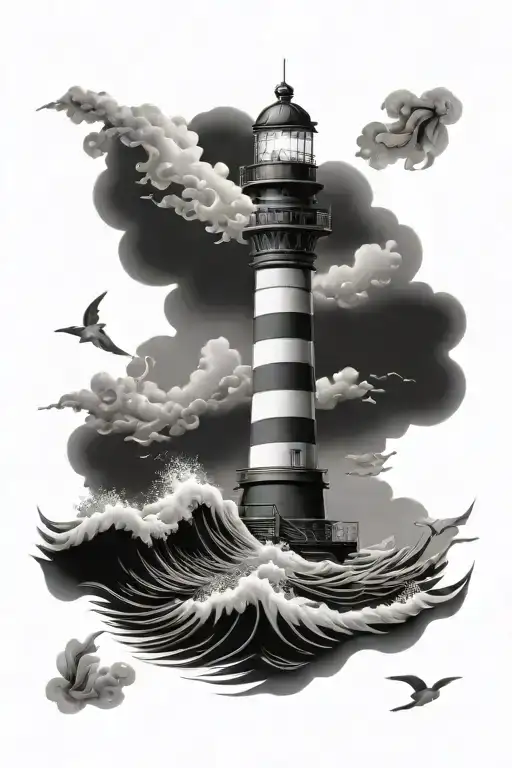 Lighthouse Ship Sailing Through Storm Waves Crashing