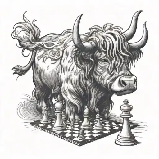 A Whimsical Drawing Of A Highland Cow And A Duck Engaged In A Friendly Game Of Chess