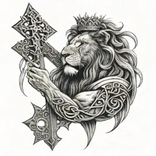 A Lion And A Cross And Jesus With A Crown Of Thorns