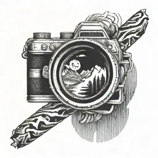 A Detailed Black And Grey Tattoo Of A Camera Lens With A Hiking Trail Winding Through It