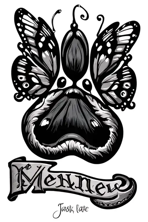 Dog Paw With Name Intertwined With Butterfly