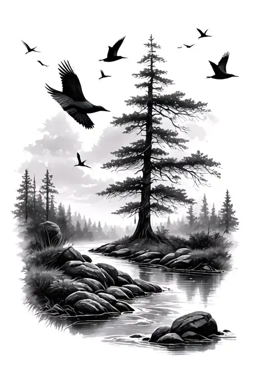 Forest Scene With Birds Flying And River Flowing