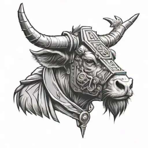 A Mechanical Arm Tattoo Featuring A Highland Cow Wearing An Assassin's Creed Hood