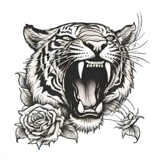 Tiger With Open Mouth And Roses
