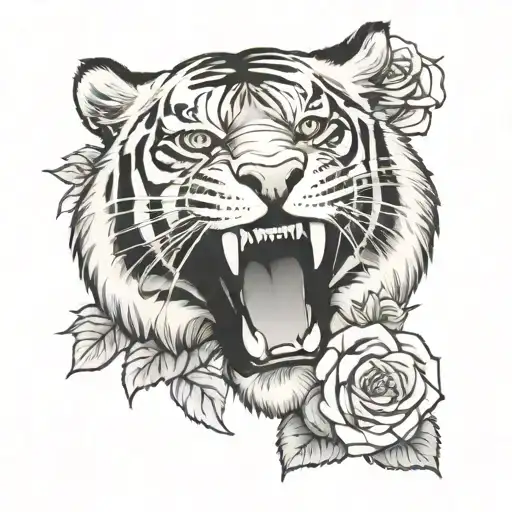 Tiger With Open Mouth And Roses And Boxing
