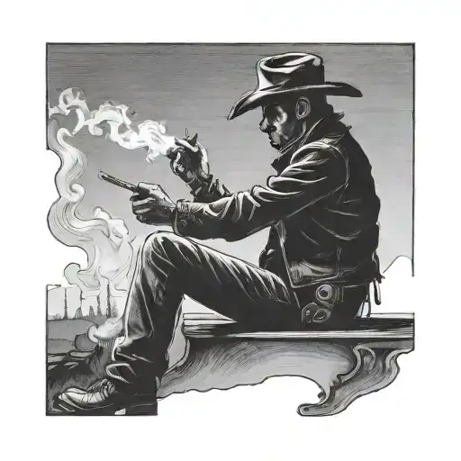 Silouette Of A Fine Line Cowboy Sanding Smoking Cigarette