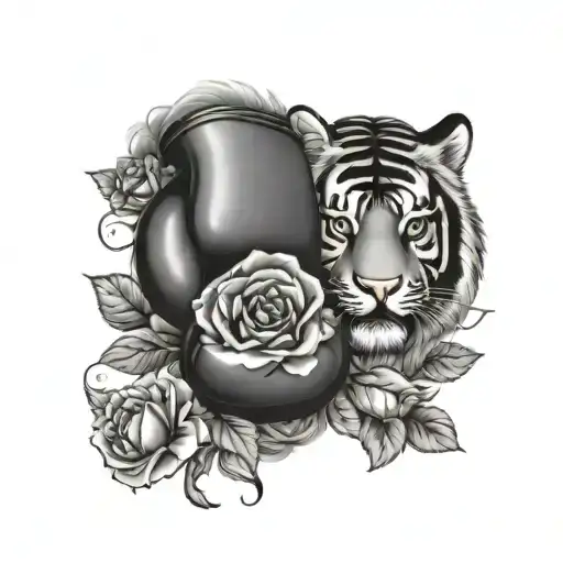 Boxing Gloves And Tiger With Open Mouth And Roses