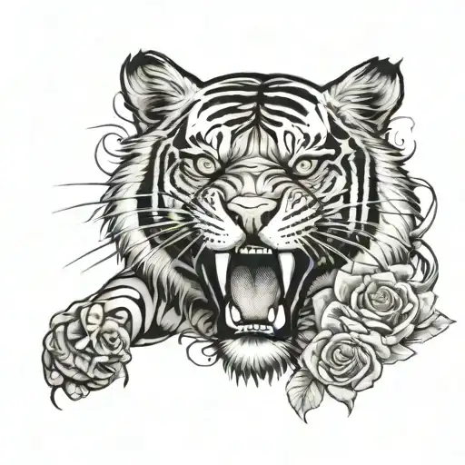 Boxing And Tiger With Open Mouth And Roses