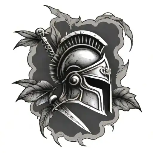 Spartan Helmet With A Sword Through It And Laurel Leaves Around The Circumference
