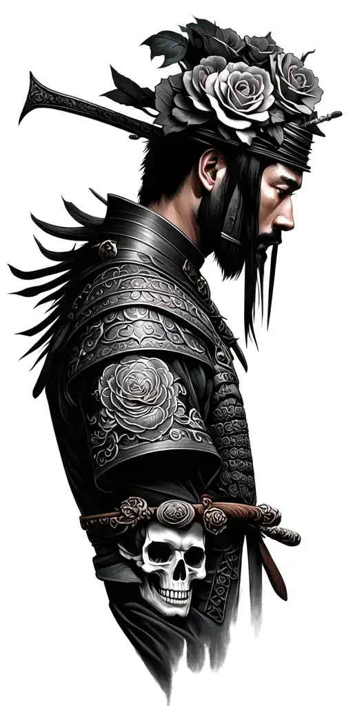 Samurai Warrior With Roses And Skulls