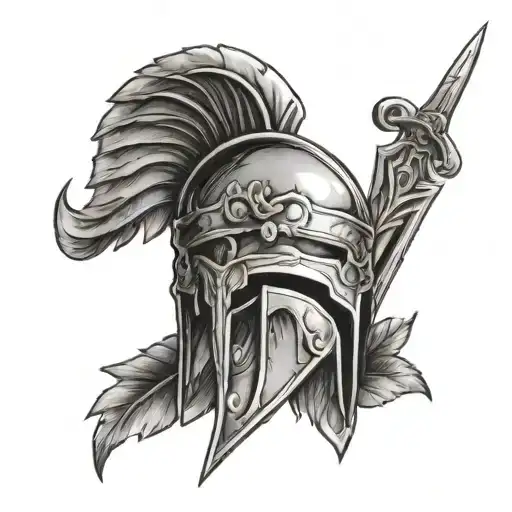 Spartan Helmet Front View With Sword Through It And Laurel Leaves Around The Rim