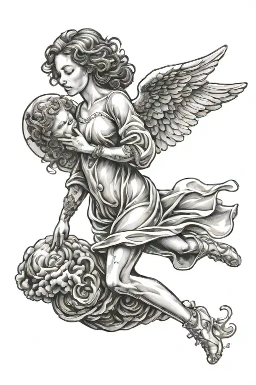 Woman Walking On Earth Baby Angel In Sky