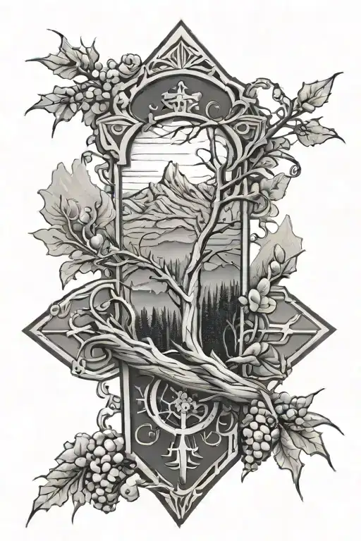 Patch Work Forearm Cross And Mountains With Trees And Crown Of Thorns