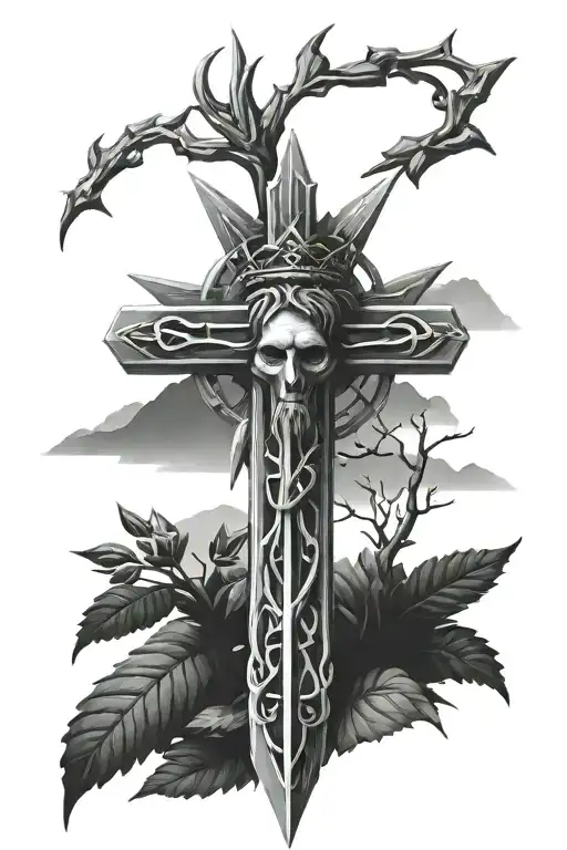 Forearm Cross And Mountains With Trees And Crown Of Thorns