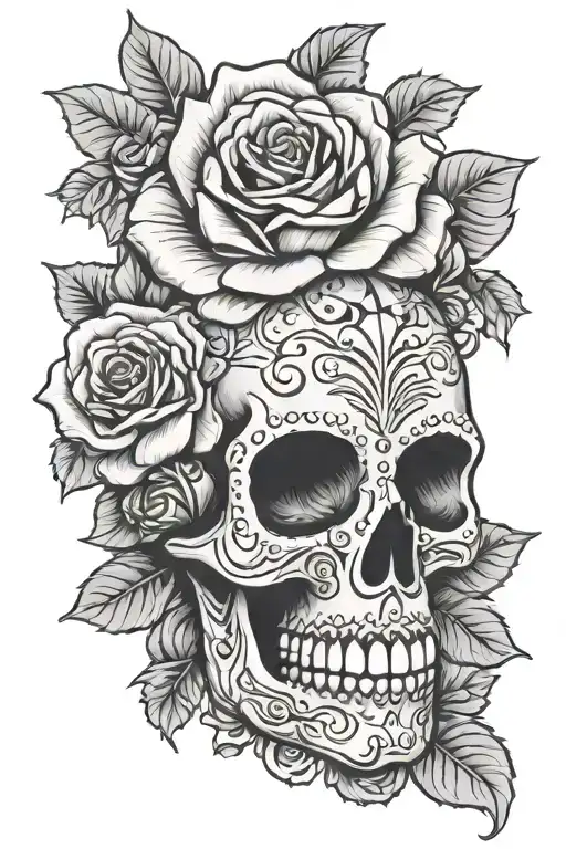 Sugar Skull With Roses Intertwined