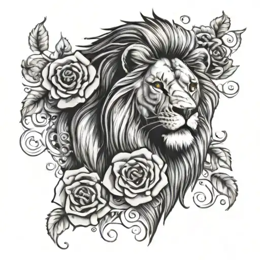 Lion Face With Roses Intertwined