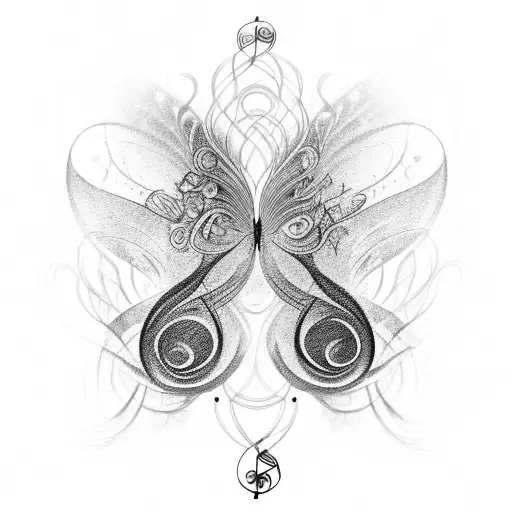 An Intricate Black-grey Tattoo Of Musical Notes Transforming Into Magical Butterflies At Sunset
