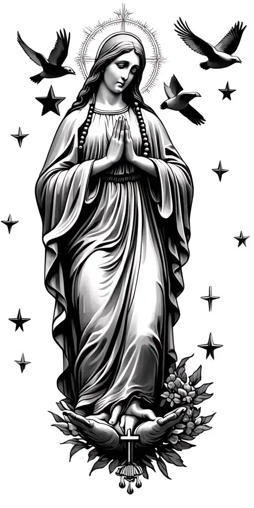 Virgin Mary Praying And Holding Beads With Stars Around Her And Doves Flying Around Her
