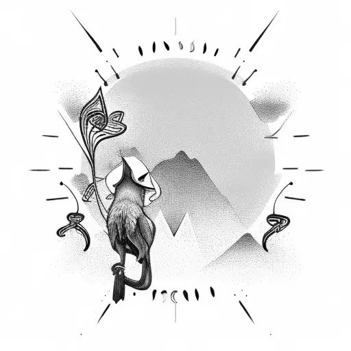 A Mystical Sunset Landscape With Floating Musical Notes And Fairies