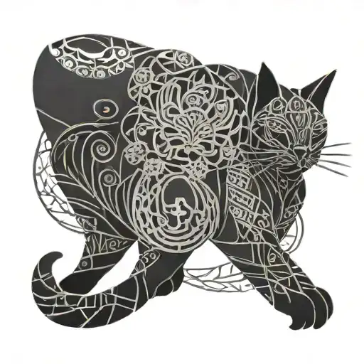 A Sleek And Modern Cat Silhouette With Intricate Geometric Patterns Inspired By Chinese Architecture