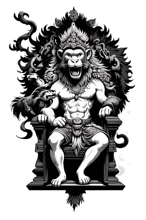 Monkey King Sitting On A Throne And Lion Roaring Oriental Background