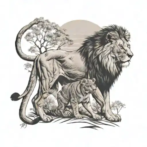 A Black-grey Tattoo Of A Lion And Cub With The Australian Outback In The Background