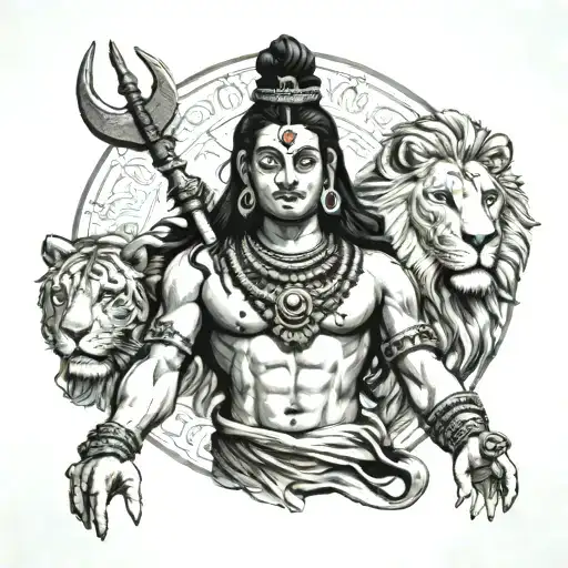 Lord Shiva With A Lion In The Background
