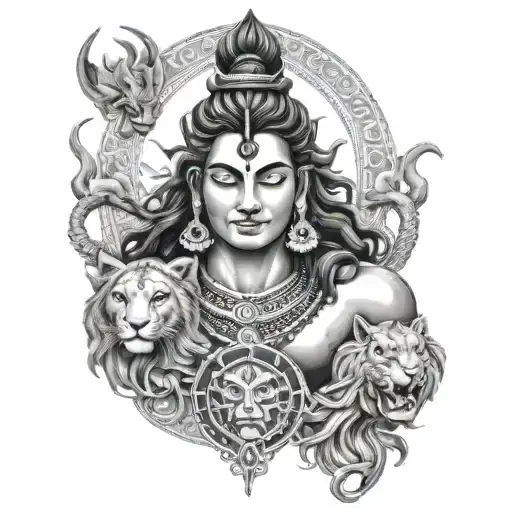 Lord Shiva With A Lion Surrounded