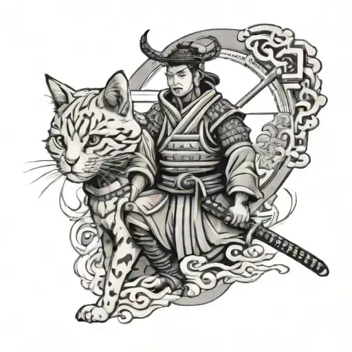 Samurai With A Cat Against The Backdrop Of A Temple