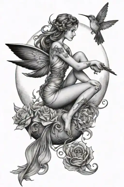 Fairy Sitting On Moon With Hummingbird Hovering