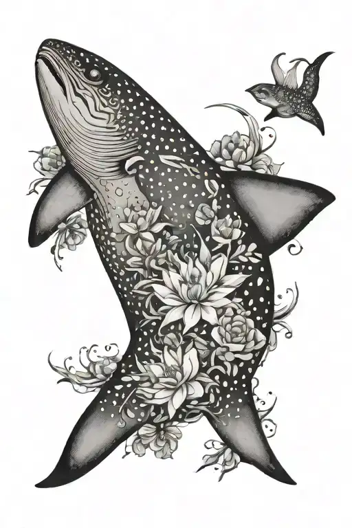 Whale Shark And Flowers And Crescent Moon