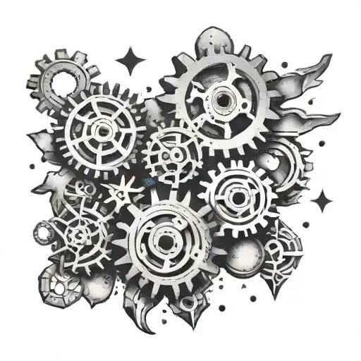 A Black And Grey Tattoo Of Mechanical Gears And Love Hearts With Sparkle Stars Scattered Around