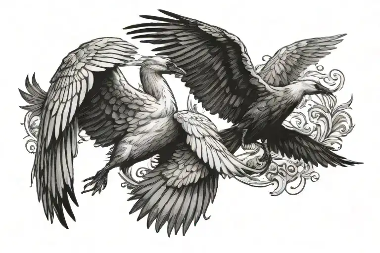 Swan And Crow Flying In Opposite Directions