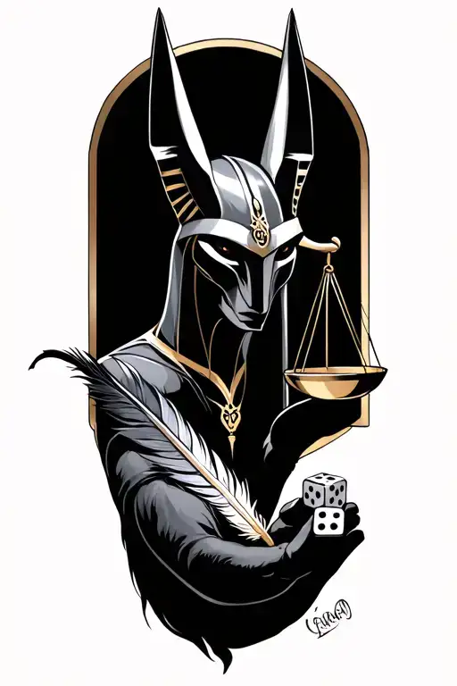 Anubis Holding Dice And Scale Weighing A Feather
