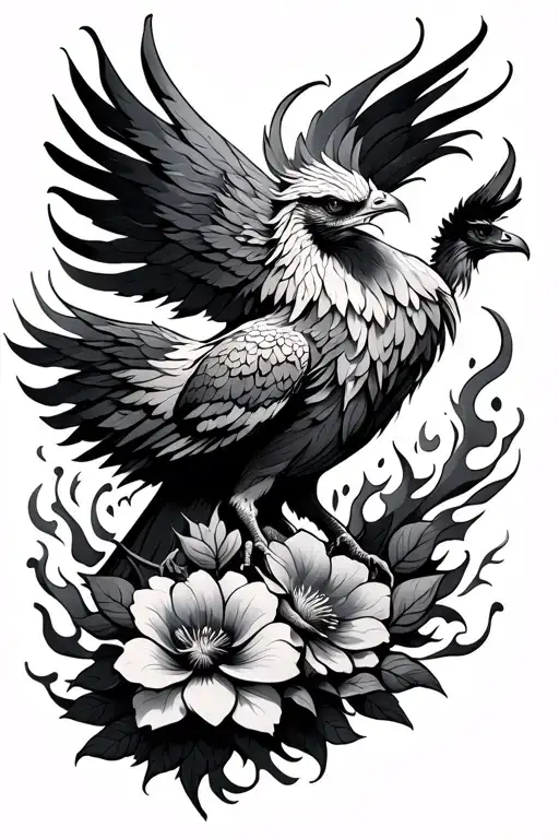 Phoenix With Flowers And Flames Around