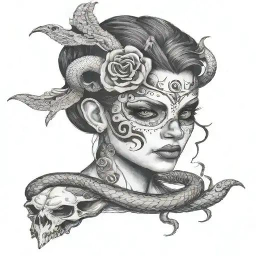 Woman Face And Half Skull Looking Front With Taurus Symbol And Snakes