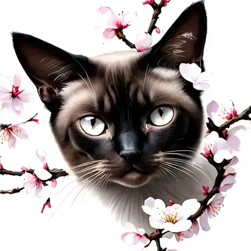 Siamese Cat And Cherry Blossom Branches