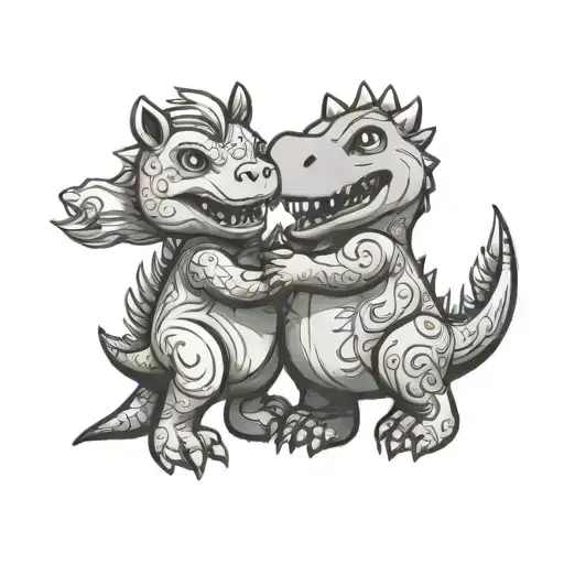 Cute Bear Hugging A T-rex And Unicorn