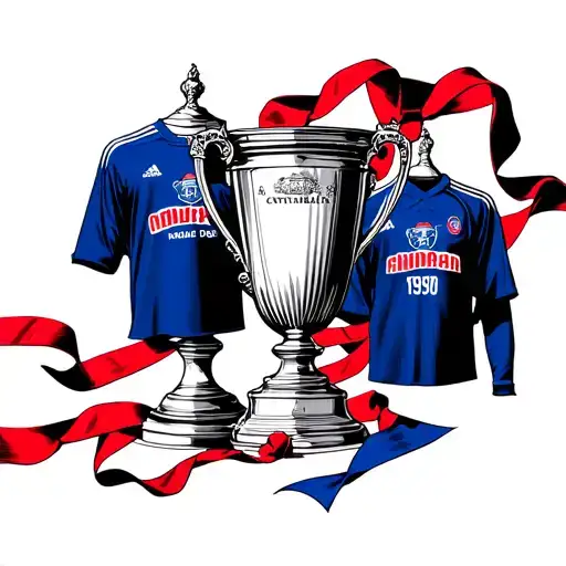 Fa Cup Trophy With Red And Blue Ribbons Crystal Palace Shirts From 1979 And 1990 Strewn Around