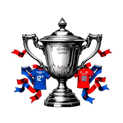 Fa Cup Trophy With Red And Blue Ribbons Crystal Palace Shirts From 1979 And 1990 Strewn Around