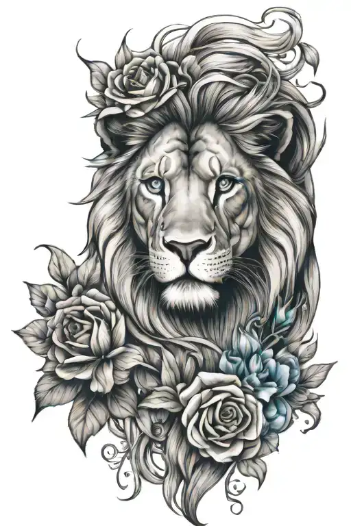 Lion With Light Blue Eyes And Flowers Intertwined With The Mane
