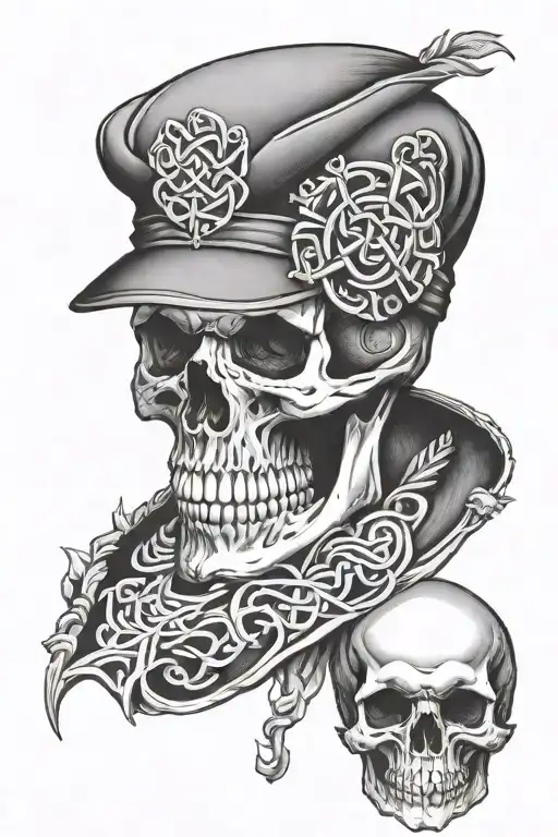 Skull Wearing A Flat Cap With Celtic Patterns Incorporated