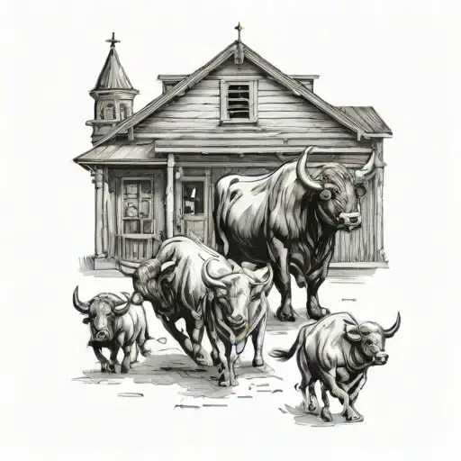 A Western Saloon Scene With Bulls Roaming Around In Black-grey Style