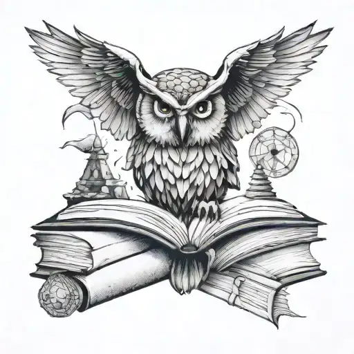 Owl Perched Atop Open Book And Pyramids