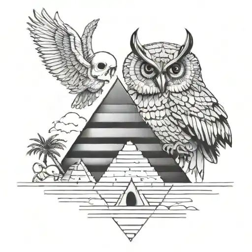 Owl On Top Of Pyramid Of Giza And A Skull