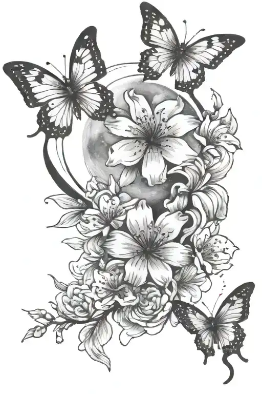 Cherry Blossom Petals With Butterflies With A Sun Above And Moon Below