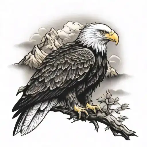 Bald Eagle Sitting On A Branch With Mountains And Nature