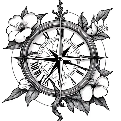 Frangipani And Hibiscus Vine Intertwined With Broken Half Clock And Half Compass