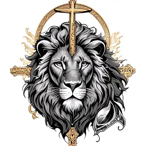 Barbary Lion Face With Hourglass And Halo Of Cross