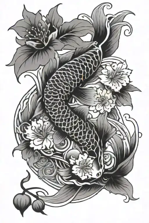 Koi Fish And Cherry Blossoms Blooming